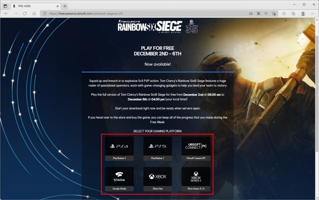 Página de demonstração do Rainbow Six Siege - Ubisoft