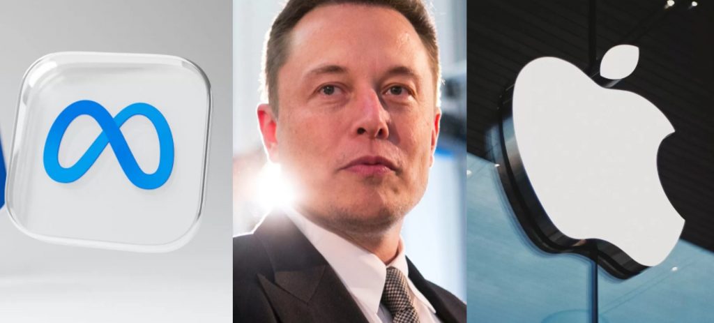 Big Techs: da esquerda para a direita estão o logotipo da Meta, o rosto de Elon Musk e o logotipo da Apple