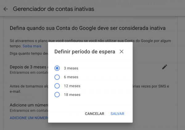 Captura de tela do Gerenciador de Contas Inativas, ferramenta do Google que permite autodestruir o Gmail e serviços associados