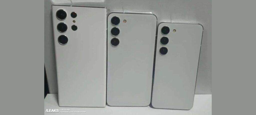 Leaked images of the new Samsung Galaxy S23 show the three new smartphones, next to each other, shown from the back 