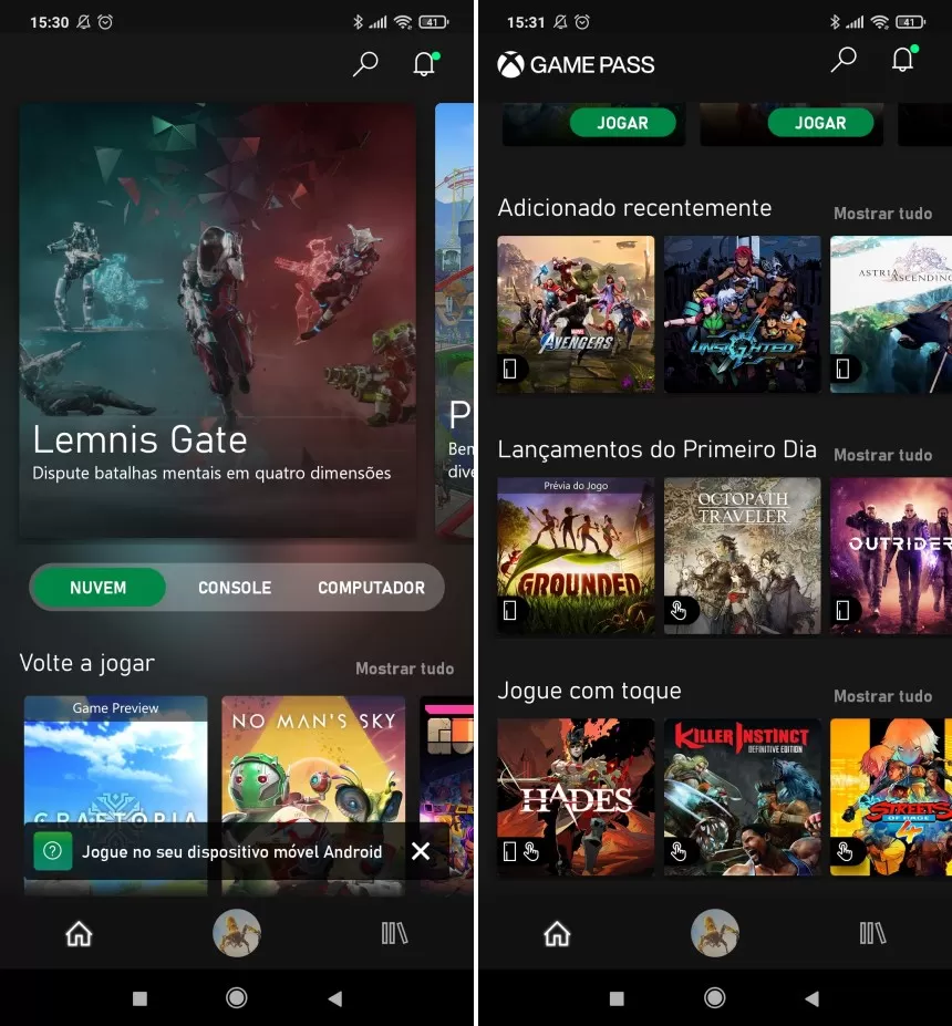 Interface do Xbox Cloud Gaming no Android