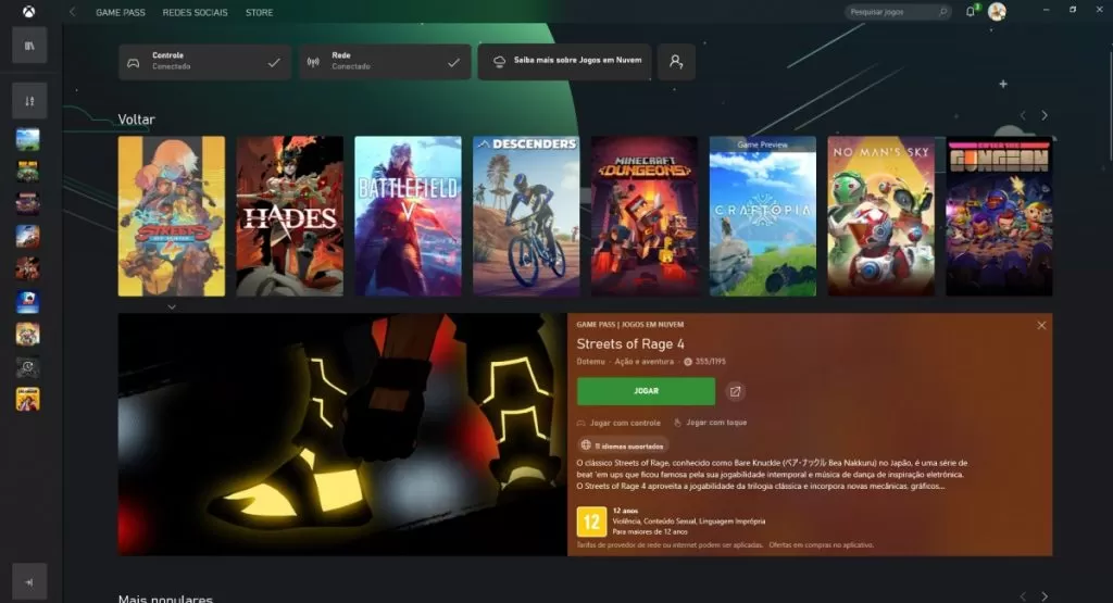 Xbox Cloud Gaming - Interface do serviço