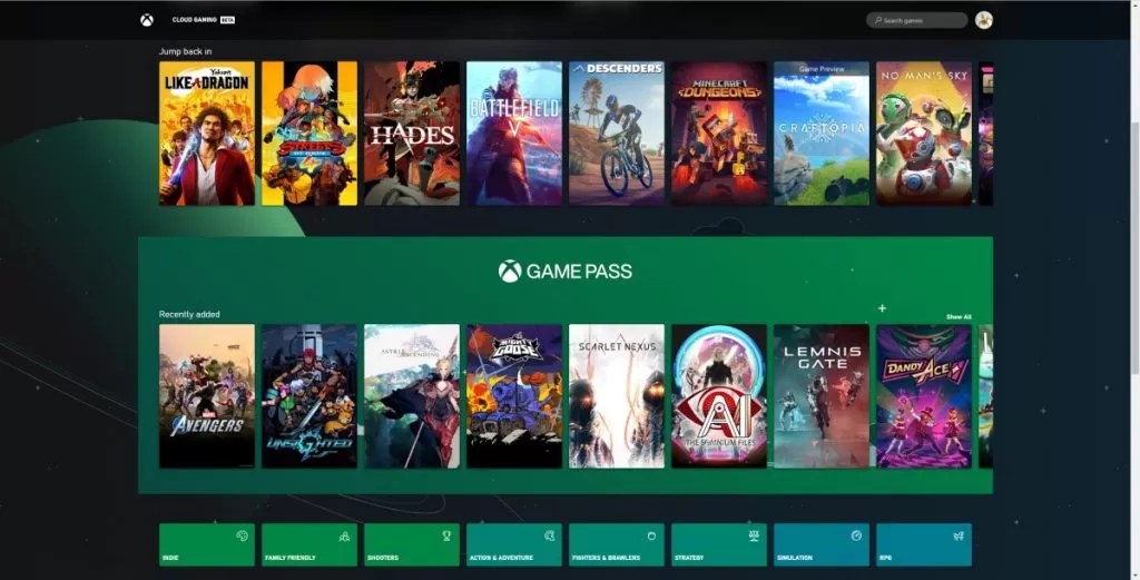 Xbox Cloud Gaming - Interface web do serviço
