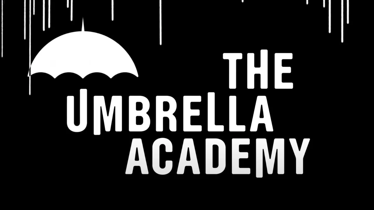 O logotipo da série da Netflix, The Umbrella Academy, ao lado de um guarda-chuva; texto em branco sobre fundo preto