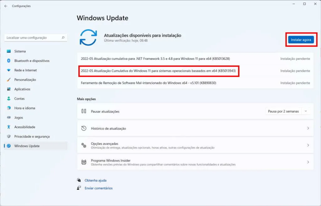 Como instalar a atualização KB5013943 do Windows 11 - Passo 2