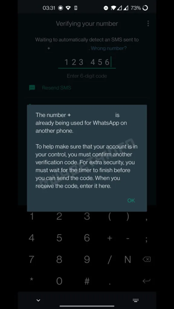 WhatsApp - dois códigos de verificação
