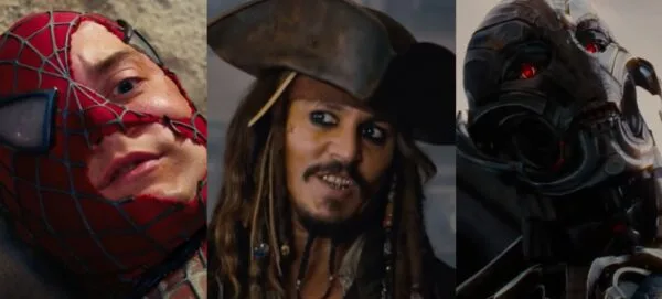 10 filmes mais caros, entre eles os que estão na imagem (da esquerda para a direita): Tobey Maguire em Homem-Aranha 3, Johnny Depp como Jack Sparrow de Piratas do Caribe, e James Spader como o vilão Ultron de Os Vingadores: A Era de Ultron