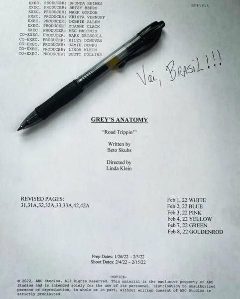 Capa do roteiro do episódio de Grey's Anatomy escrito pelo brasileiro Beto Skubs