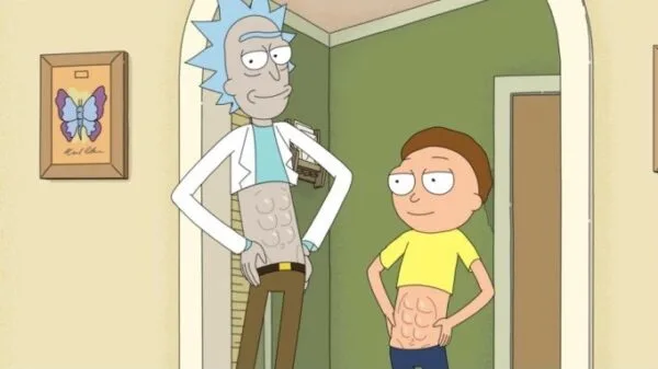 Rick and Morty: série do Adult Swin ganha data de estreia para a temporada 6; na imagem aparecem Rick (à esqueda) e Morty (à direita) ambos com as camisetas levantadas mostrando uma barrida 'sarada'